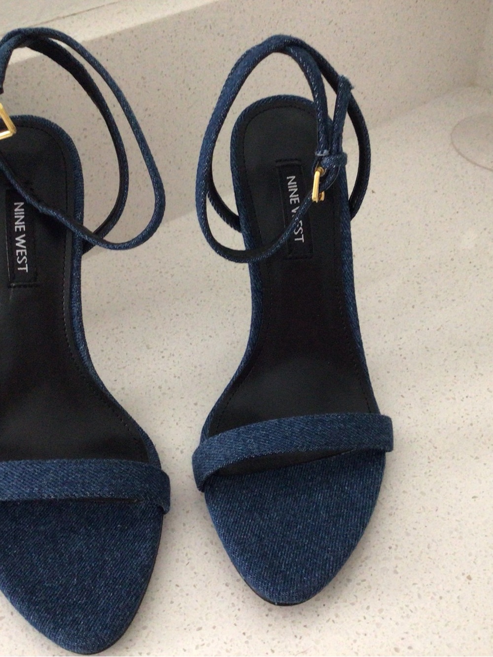 Nine West Denim Open-Toe Ankle-Strap Heels - Dark Blue